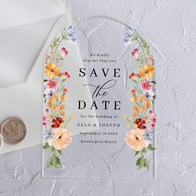 Colourful Bold Wildflower Wedding Save The Date Acrylic Invitations (Creator Uploaded)