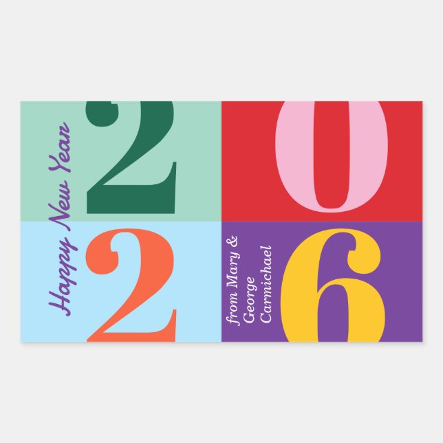 Colourful Bold Year Blocks New Year Party Rectangular Sticker (Front)