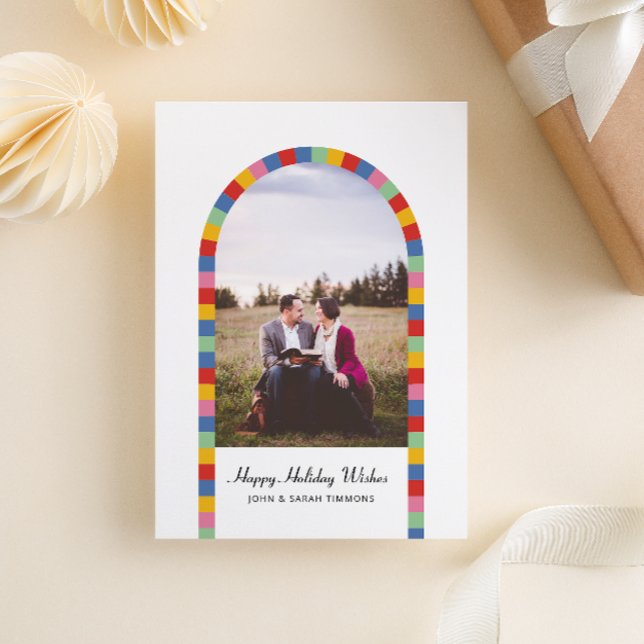 Colourful Border Arch Photo Christmas Holiday  (custom colored arched border of colorful squares one photo Christmas holiday card)