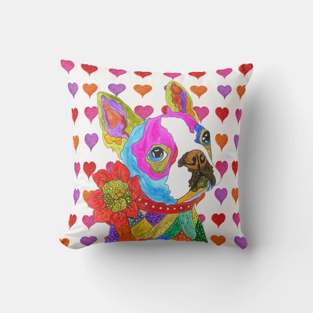 Colourful Boston Terrier Heart Throw Pillow (Front)