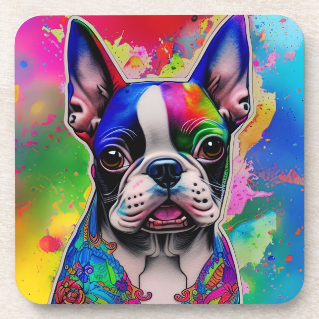 Colourful Boston Terrier Paint Splashes Coaster (Front)