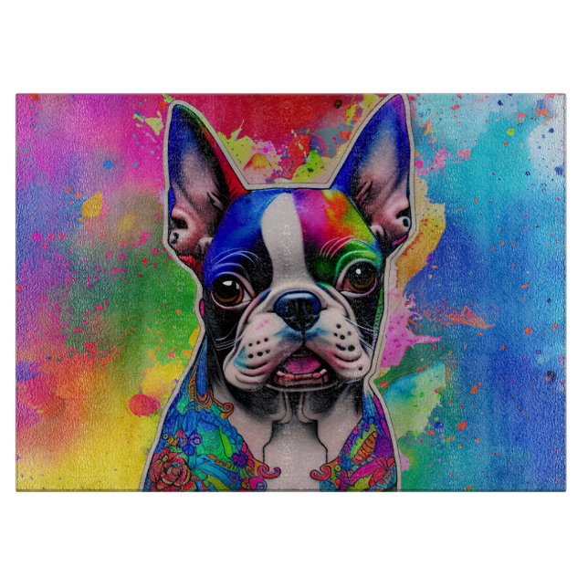 Colourful Boston Terrier Paint Splashes Cutting Board (Front)