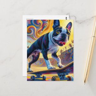 Colourful Boston Terrier Skateboarding Postcard