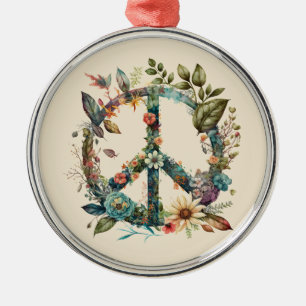 Colourful Botanical Peace Symbol Hippie Style Metal Ornament