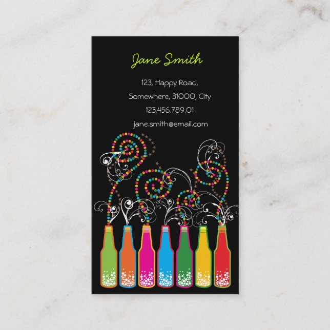 Colourful Bottles Bubbles Pop Fun Party Business Card (Front)