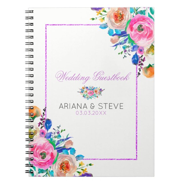 Colourful Bouquet And Purple Glitter Frame Notebook (Front)