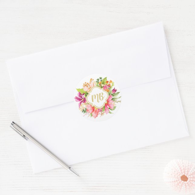 Colourful Bouquet Flowers Elegant Monogram Initial Classic Round Sticker (Envelope)
