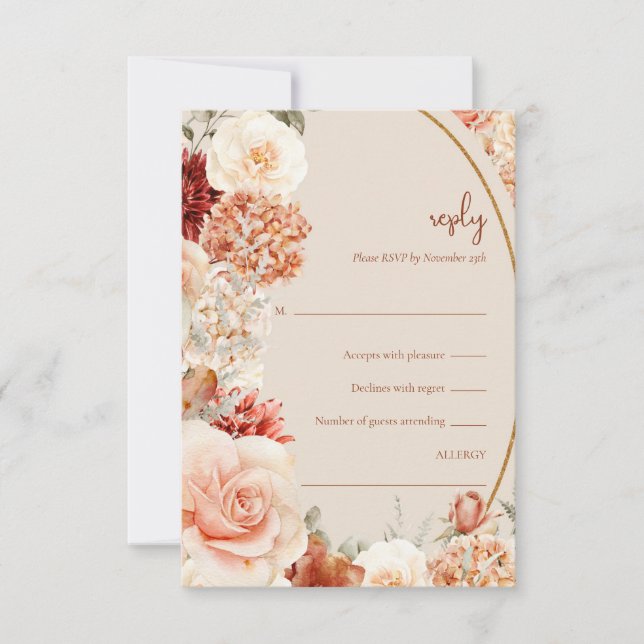 Colourful bouquet terracotta blush sage rsvp card (Front)
