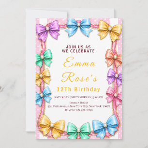 Colourful Bow 12th Birthday Party Invitation