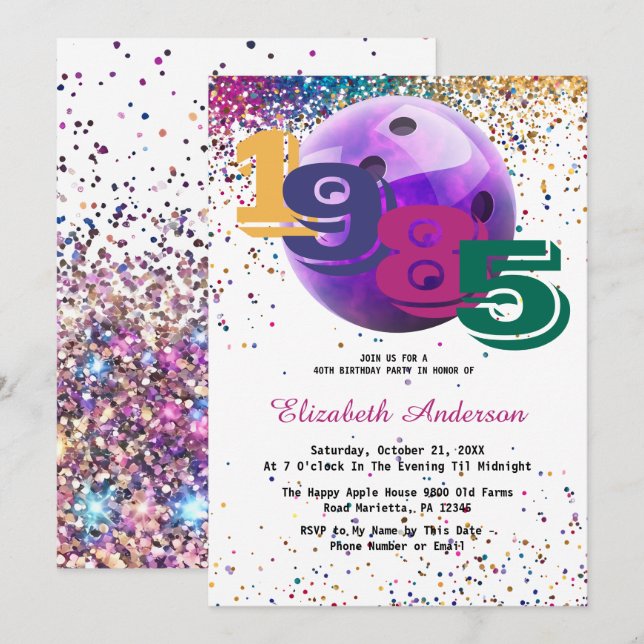 Colourful Bowling 1985 40th Birthday Party Custom Invitation (Front/Back)