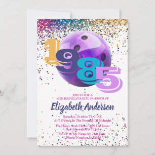 Colourful Bowling 1985 40th Birthday Party Custom Invitation