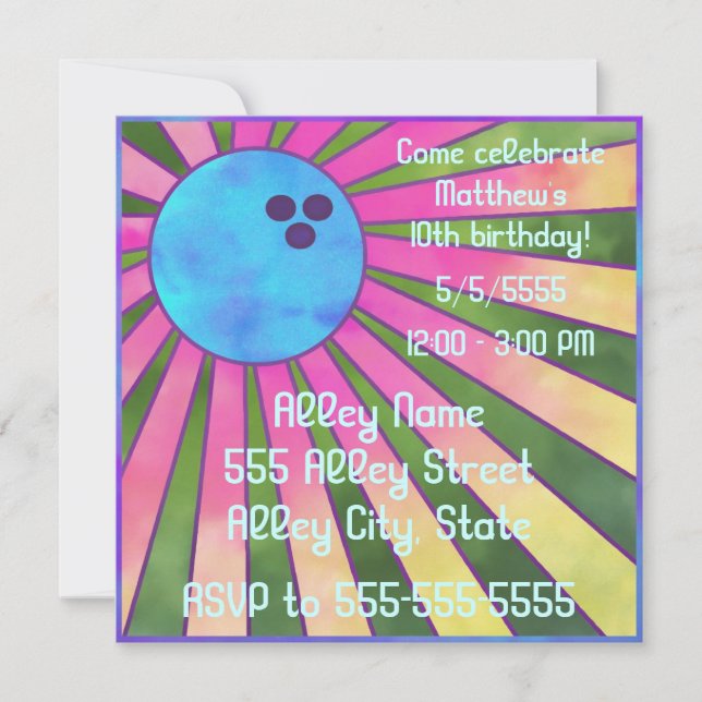 Colourful Bowling Birthday Party Invite Retro 80s (Front)