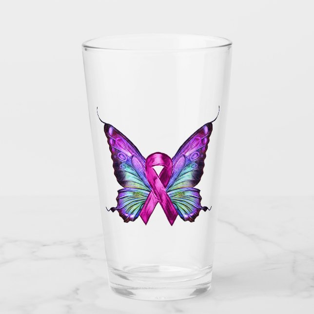 Colourful Breast Cancer Awareness Butterfly Glass (Front)