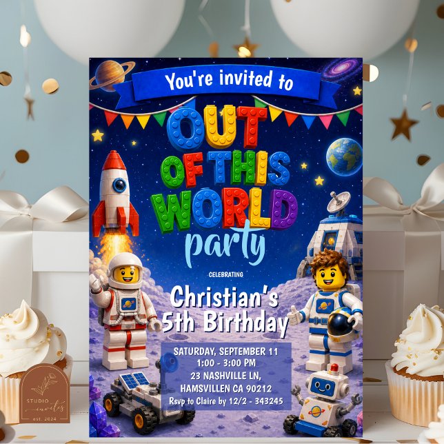 Colourful Bricks Out of this world space birthday Invitation (Creator Uploaded)