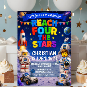 Colourful Bricks Reach FOUR the stars birthday Invitation