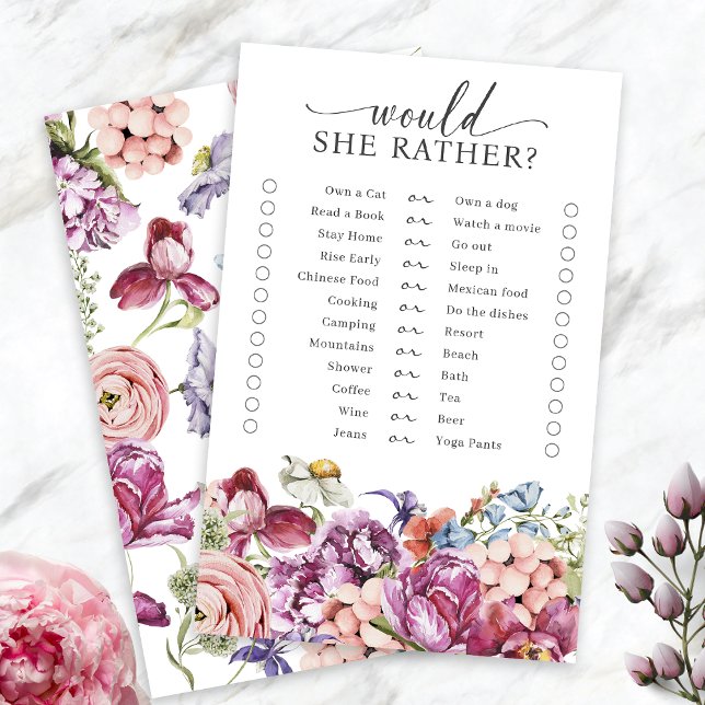 Colourful Bridal Shower Game (Colorful Jewel Tone Wildflower  Would She Rather Bridal Shower Game by Painted Paperie
)