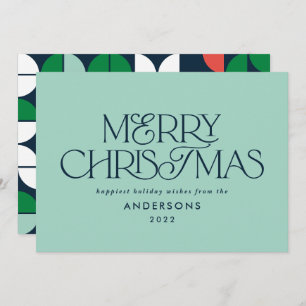 Colourful bright aqua Christmas geometric script Holiday Card