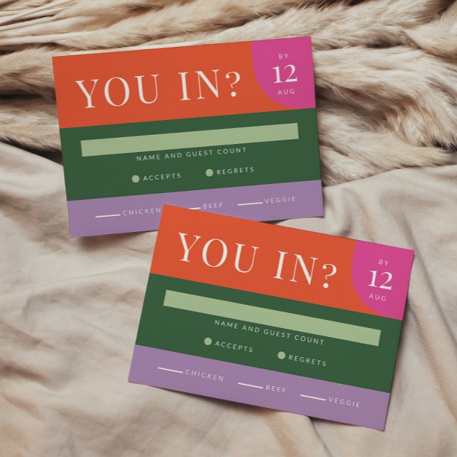 Colourful Bright Bold RSVP Card Unique Orange Pink (This bright and colorful RSVP cards set the tone for fun with a unique and playful sentiment. )