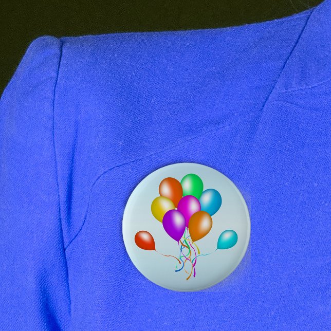 Colourful Bright Bunch of Balloons 6 Cm Round Badge (Bunch Colourful festive balloons with streamers on light blue round Birthday pin back button.)