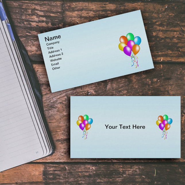 Colourful Bright Bunch of Balloons Business Card (Bunch festive balloons in pretty colours with streamers on light blue business cards.)