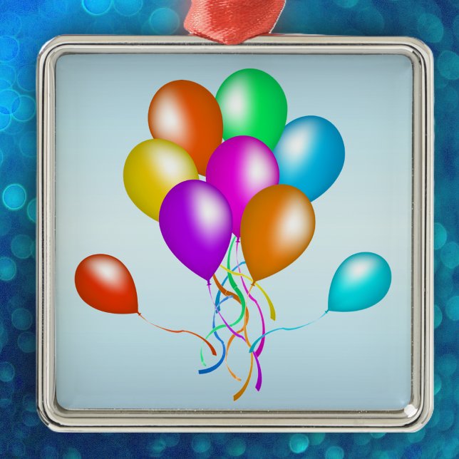Colourful Bright Bunch of Balloons Metal Ornament (Bunch colourful festive party balloons various colours on light blue hanging ornament.)