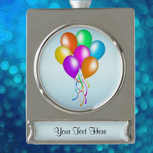 Colourful Bright Bunch of Balloons Silver Plated Banner Ornament (Bunch of festive colour balloons in various colours on blue hanging ornament.)