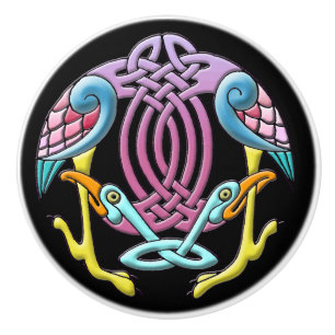 Colourful bright celtic birds in unusual colours ceramic knob