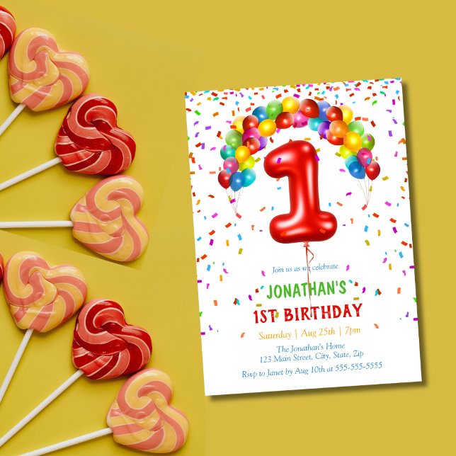 Colourful Bright Confetti Balloons 1st Birthday Invitation (Creator Uploaded)