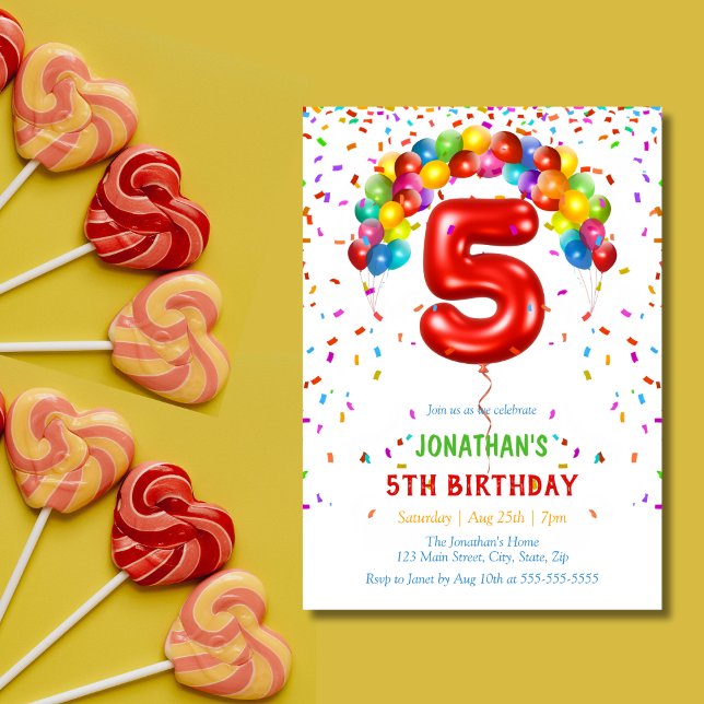 Colourful Bright Confetti Balloons 5th Birthday Invitation (Creator Uploaded)