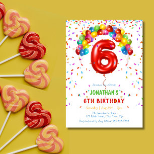 Colourful Bright Confetti Balloons 6th Birthday Invitation