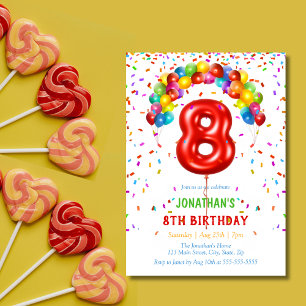 Colourful Bright Confetti Balloons 8th Birthday Invitation