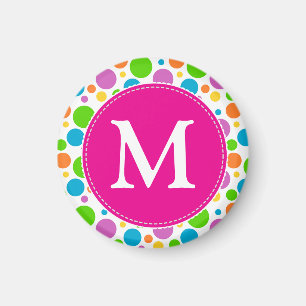 Colourful Bright Dots Pattern Pink Monogram Magnet