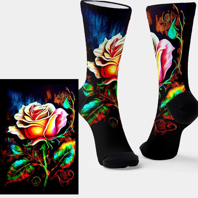 Colourful Bright Fantasy Rose Flower on Black Socks (Creator Uploaded)