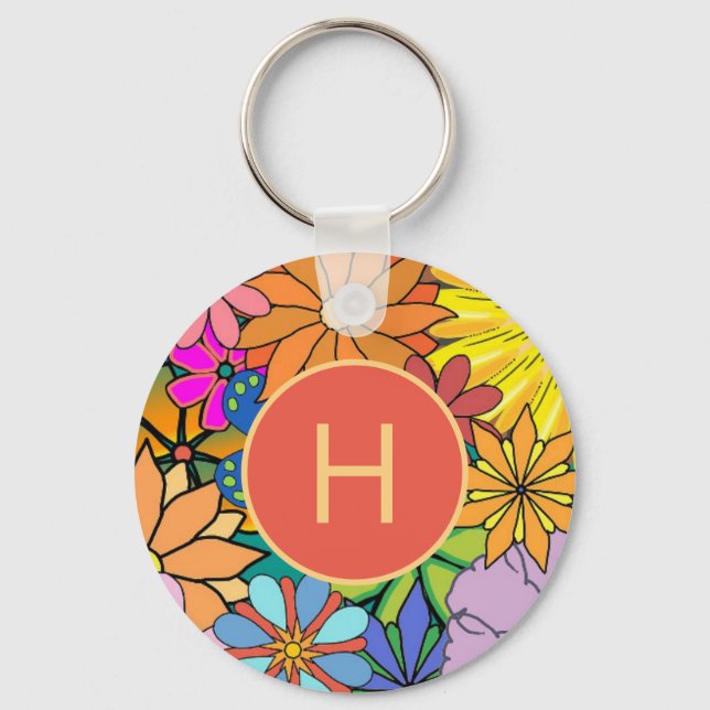 Colourful Bright Flower Power Monogram Key Ring (Front)