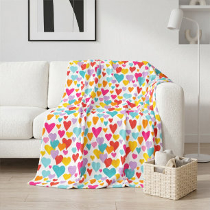 Colourful Bright Hand Painted Hearts On White Fleece Blanket