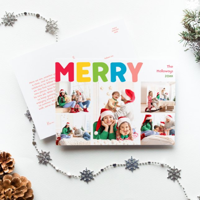 Colourful & Bright Merry Year in Review Five Photo Holiday Postcard (Creator Uploaded)