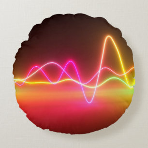 Colourful bright neon glowing graphic equalizer. M Round Cushion