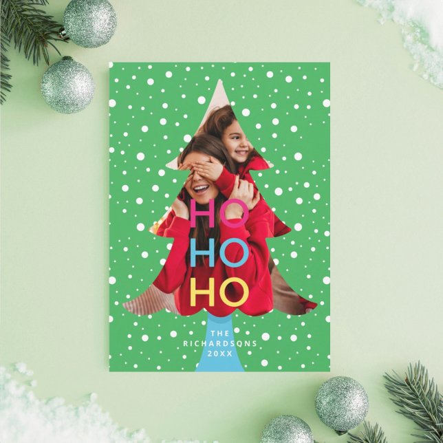 Colourful Bright Neon Ho Ho Christmas Photo Green Holiday Card (Colourful Bright Neon Ho Ho Christmas Photo Green Holiday Card)