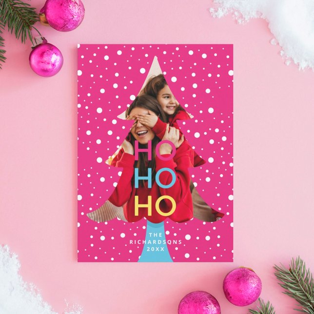Colourful Bright Neon Ho Ho Christmas Photo Pink Holiday Card (Colourful Bright Neon Ho Ho Christmas Photo Pink Holiday Card)