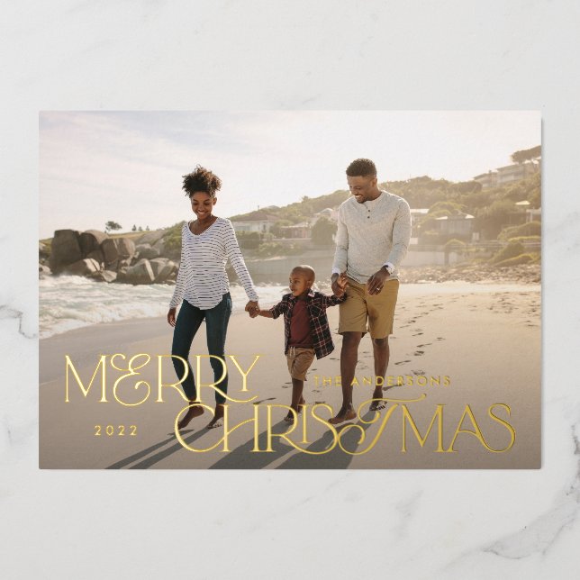 Colourful bright photo Christmas geometric script Foil Holiday Card (Front)