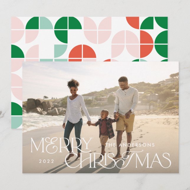 Colourful bright photo Christmas geometric script  Holiday Card (Front/Back)