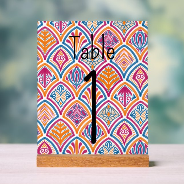 Colourful Bright Pink Blue Yellow Wedding Table Acrylic Sign (Neutral)