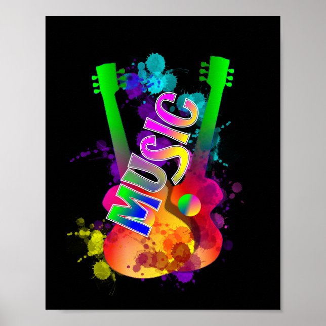 Colourful Bright Popping Guitar Music Paint Splats Poster (Front)