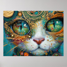 Colourful Bright Psychedelic Cat Face Wall Print