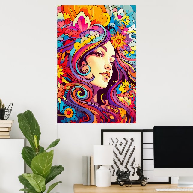Colourful Bright Psychedelic Trippy Lady Wall Prin Poster (Home Office)