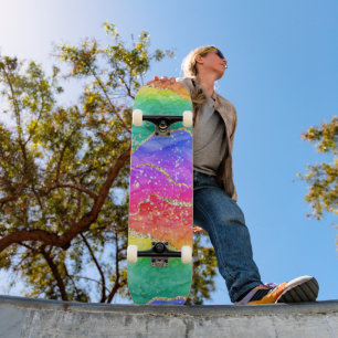 Colourful Bright Rainbow Glitter Gold Agate Skateboard