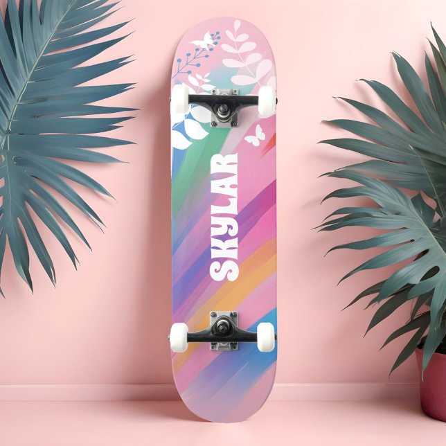 Colourful Bright Rainbow Pride Pattern Floral Pink Skateboard (Colourful Bright Rainbow Pride Pattern Floral Pink Skateboard)