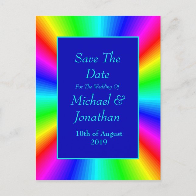 Colourful Bright Rainbow Wedding Save The Date Announcement Postcard (Front)