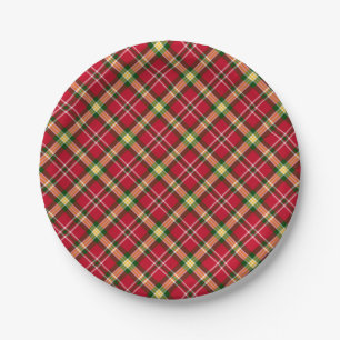 Colourful Bright Red and Green Christmas Plaid Paper Plate