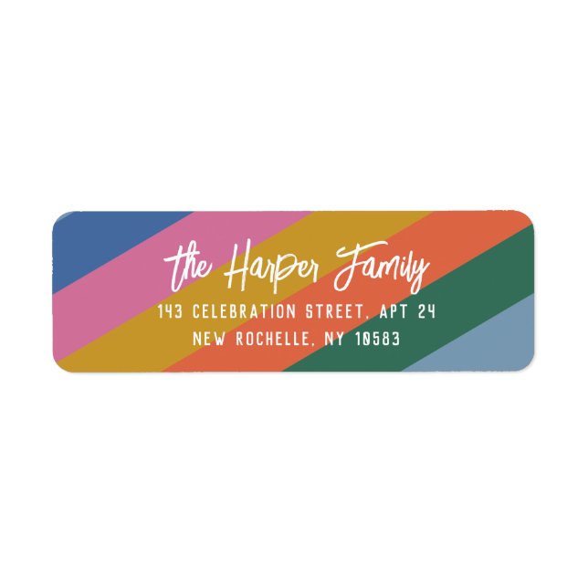 Colourful Bright Striped Brush Script Personalised Return Address Label (Front)